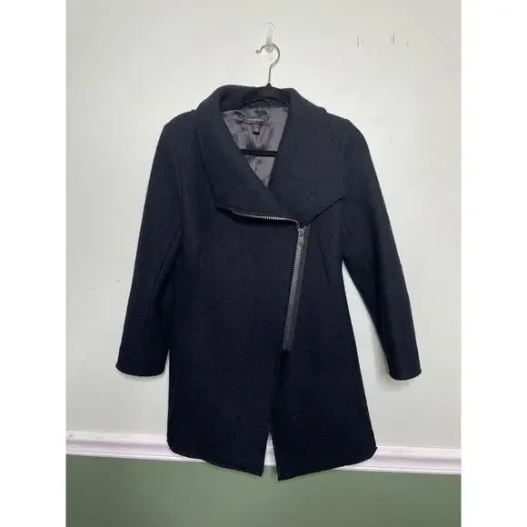 Halogen Long Sleeve Mid-Length Asymmetrical Zip Wool Blend Coat Black Petite